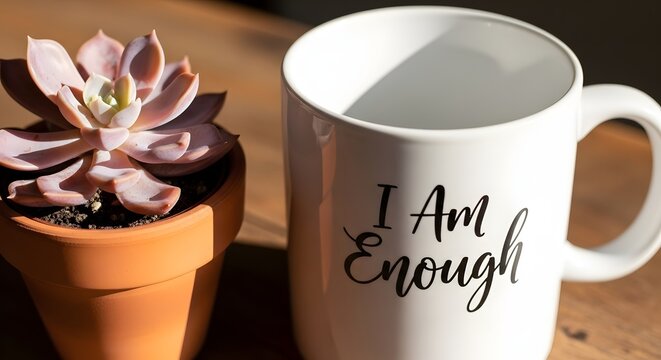 A white ceramic mug with the phrase 'I Am Enough' printed on it placed next to a potted succulent plant on a wooden surface