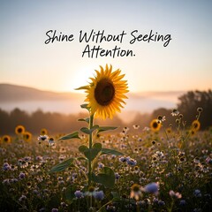 A vibrant sunflower standing tall in a field of wildflowers during sunset with an inspirational quote about shining without seeking attention