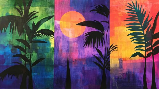 A triptych of abstract paintings featuring tropical flora and a sunset.