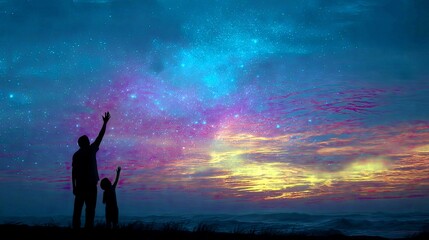 A father and child stand on a grassy hill, silhouetted against a breathtaking sky filled with stars, nebulae, and colorful clouds, with the ocean in the foregro