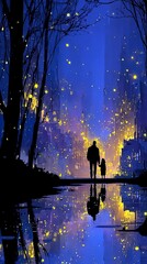 A father and child walk along a path beside a reflective body of water, with a vibrant, glowing city skyline in the distance.