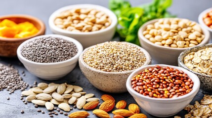 Fototapeta premium Bowls of Seeds, Grains, Nuts, and Legumes
