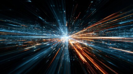 Dynamic abstract digital cityscape with vibrant light trails and futuristic energy flow