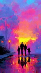 A family of four walks together on a wet street reflecting the vibrant colors of a sunset.