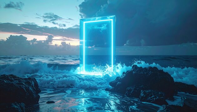 Illuminated portal stands amidst crashing waves, contrasting the natural world with a neon artificial glow under a cloudy sky