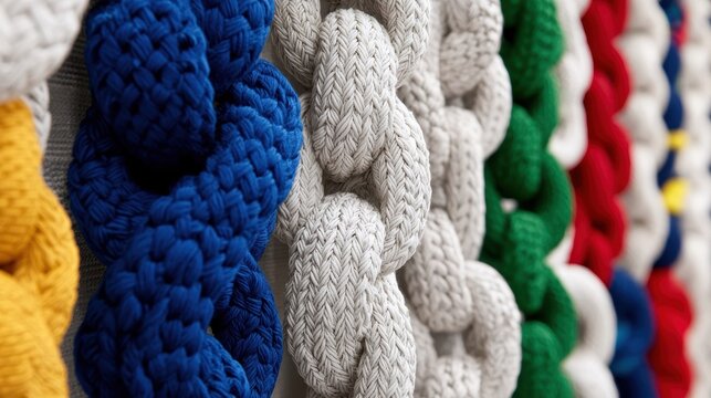 A close-up of a knitted rope with different colors.