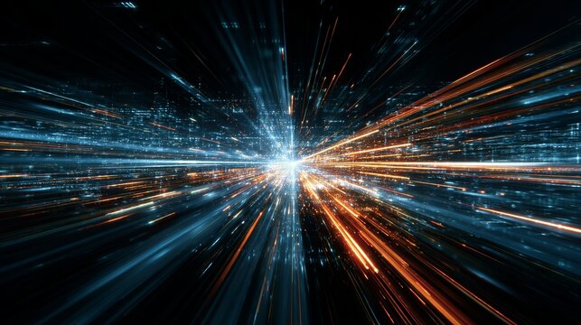 Dynamic abstract digital cityscape with vibrant light trails and futuristic energy flow