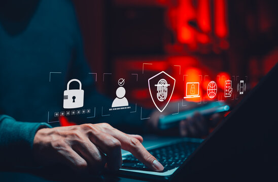 Cybersecurity and identity protection concept. User accessing digital system with icons of password, fingerprint, lock, biometric authentication, symbolizing secure login, privacy, data access control