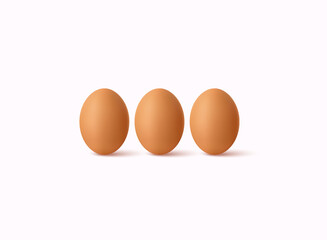 Three brown eggs isolated on pastel background. Natural food and healthy breakfast concept. 3D Realistic Vector Illustration.