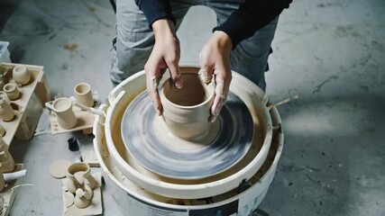 Hands shaping clay on pottery wheel creating ceramic vessel close up artisan craft process - Powered by Adobe