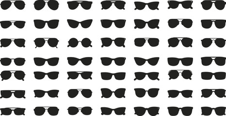 Sunglasses silhouettes collection, fashion eyewear icons, trendy glasses shapes, stylish frames, modern accessories, optical design set, vector illustration