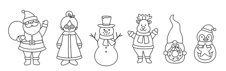 Hand drawn winter Christmas characters outline, children's coloring pages and templates. 
Collection of Santa Claus, Mrs. Claus, snowman, reindeer, gnome, penguin.