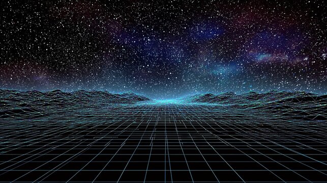 Immersive digital landscape with neon grid terrain under a starry cosmos, perfect for futuristic tech and gaming visuals. - Powered by Adobe