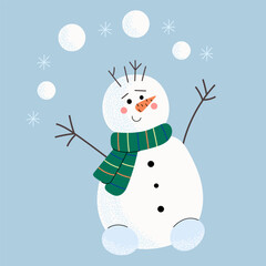 Cute flat style snowman illustration wearing a green striped scarf and smiling while juggling snowballs. Winter holiday, Christmas and festive season concept.