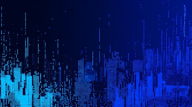 Dynamic digital cityscape with glowing blue abstract data points creating a futuristic urban skyline