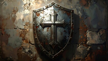 Metallic shield with central cross stands against an aged, crumbling, textured wall