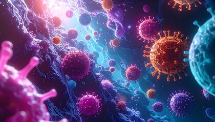 Microscopic floating viruses in a fluid-like environment, with bright light and textured details