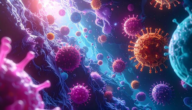 Microscopic floating viruses in a fluid-like environment, with bright light and textured details