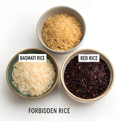 Three types of rice in bowls - basmati rice, red rice and black rice