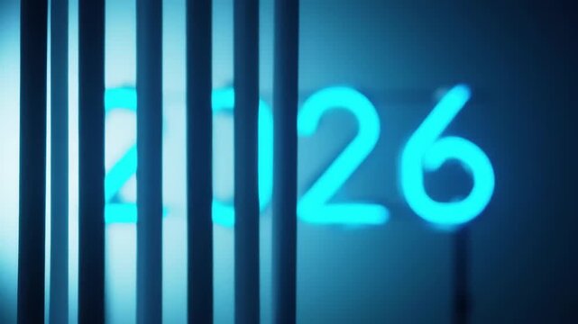 Bright blue neon sign spelling 2026, partially obscured by vertical blinds in a dark setting