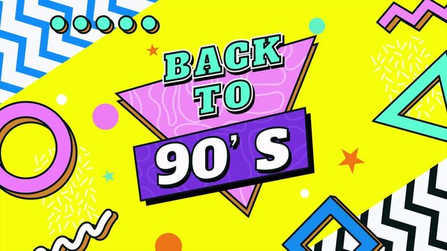 Back to 90s loop animation. Back to 90s themed graphic with colorful shapes is perfect for party invitations or retro-themed social media posts.