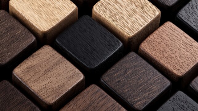 A collection of wooden blocks in various shades of brown and black.