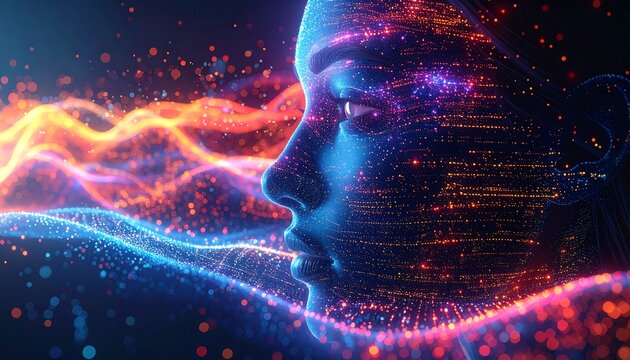 Illuminated woman's face with flowing particles, blue and orange tones