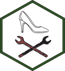 High Heel Shoe Repair Logo with Crossed Wrenches in Hexagon Minimal Vector Icon Design