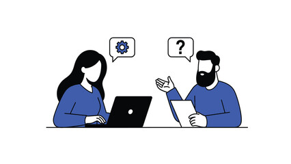Business Consultation and Problem Solving Vector Illustration. Team collaboration, man asks a question (question mark bubble), woman offers a solution (gear icon bubble).