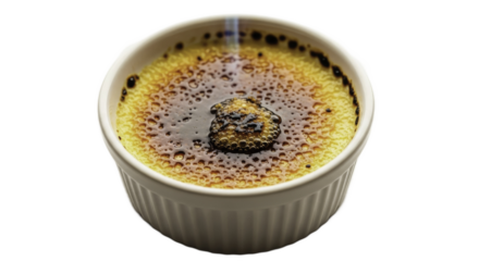 Golden Brulee Dessert in a White Ramekin with Glossy Caramelization on