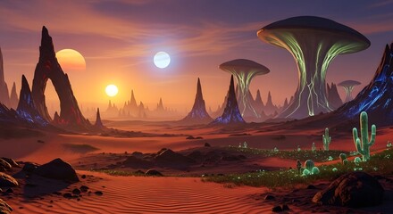 A surreal alien landscape featuring towering mushroom-like structures, multiple suns in the sky, and vibrant plant life on a distant planet during sunset