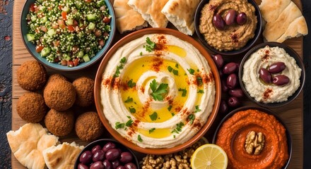 A vibrant assortment of Middle Eastern dishes including hummus, falafel, baba ganoush, and fresh vegetables served on a rustic wooden table