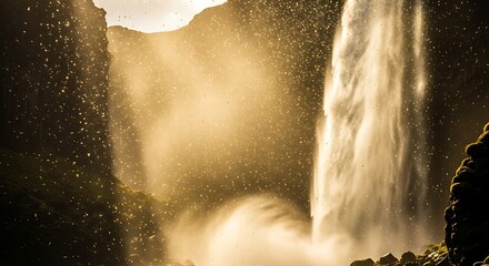 Waterfall cascading with golden light and mist creating a magical atmosphere