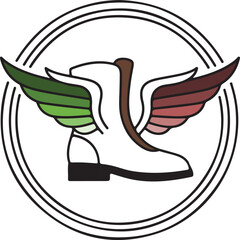 Colorful Winged Boot Logo Emblem – Vintage Shoe with Green and Red Wings Vector Art