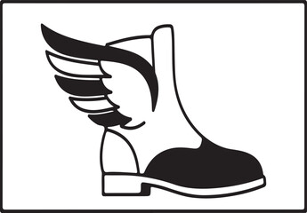 Winged Boot Icon – Minimal Black and White Flying Shoe Symbol Vector Illustration