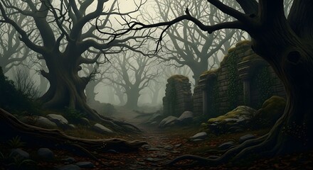 A mysterious and eerie forest scene with twisted trees and ancient ruins shrouded in fog, creating a haunting atmosphere of mystery and intrigue