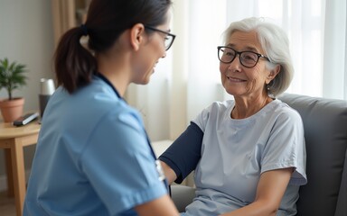 Obraz premium nurse doctor using digital tonometer check blood pressure for old asia female at home in elderly care cardiovascular medical visit, cholesterol problem. Home health care and nursing home concept