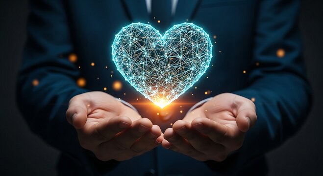 Businessman holding a glowing digital heart in his hands, symbolizing love, care, and connection in a technological context. - Powered by Adobe