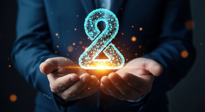 Businessman holding an ampersand symbol, representing connection and partnership in a digital age.