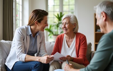 Social worker meeting elder couple during visit at home. High quality