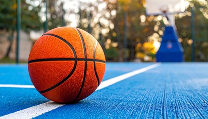 Orange basketball resting on a blue outdoor court with white lines and a blurry background with a hoop