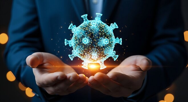 Businessman holding a glowing digital representation of a virus, symbolizing global health and economic challenges.
