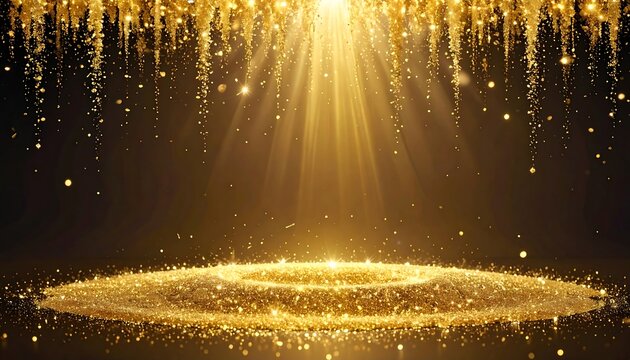 Glistening particles rain down, highlighting a radiant stage. Golden light creates depth in the dark background