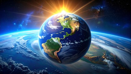 Fototapeta premium Globe floats in space, sunburst above, swirling clouds and distant stars. Blue planet with land visible