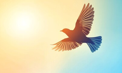 Obraz premium A bird soars gracefully through the sky, its silhouette contrasting against the vibrant colors of the sunrise.