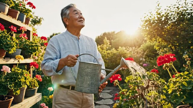 Senior asian man tending to his garden with a watering can in the warm sunlight surrounded by vibrant red geraniums and lush greenery enjoying a peaceful retirement day