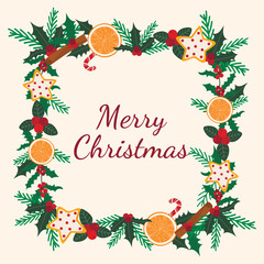 Festive atmospheric Merry Christmas card. Square frame of fir branches, mistletoe, holly, foliage, and berries with greeting text. Cozy rustic seasonal design, vector graphics