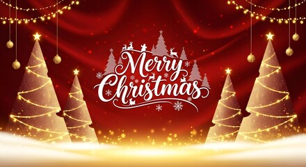 Festive merry christmas greeting with illuminated trees and sparkling lights on a red background
