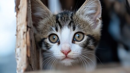 Fototapeta premium A curious kitten peering out from behind a wooden structure.