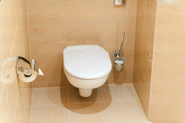 Wall-hung toilet with closed lid in an elegant washroom